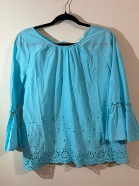 Crown & Ivy blouse women’s medium Turquoise Eyelet Bell-Sleeve tie in back shirt